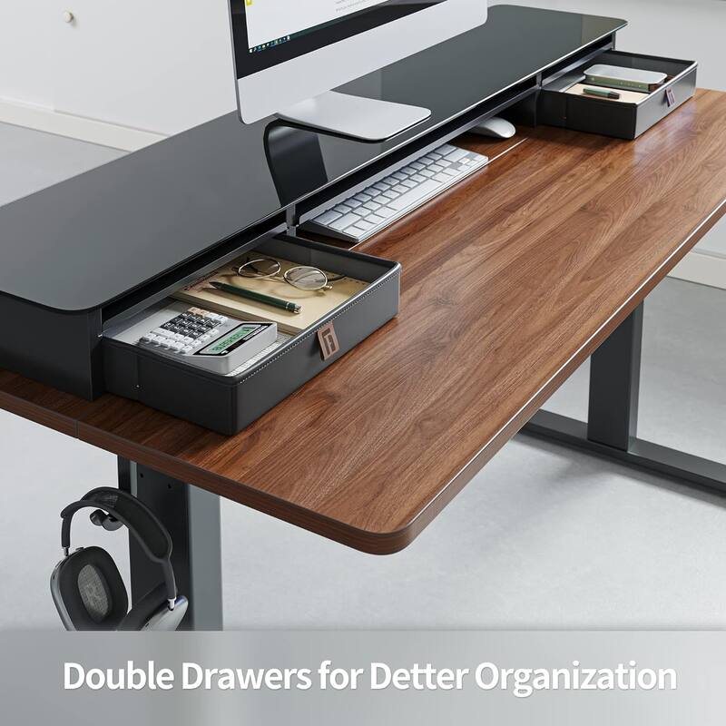 FEZIBO Height Adjustable Glass Electric Standing Desk with Double Drawer, Stand Up Desk with Storage Shelf