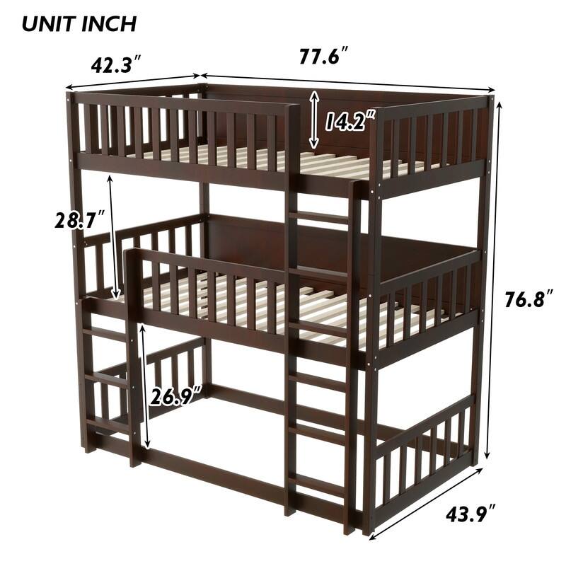 Twin over Twin over Twin Size Triple Rubber Wood Bunk Bed with Ladders, Guardrails