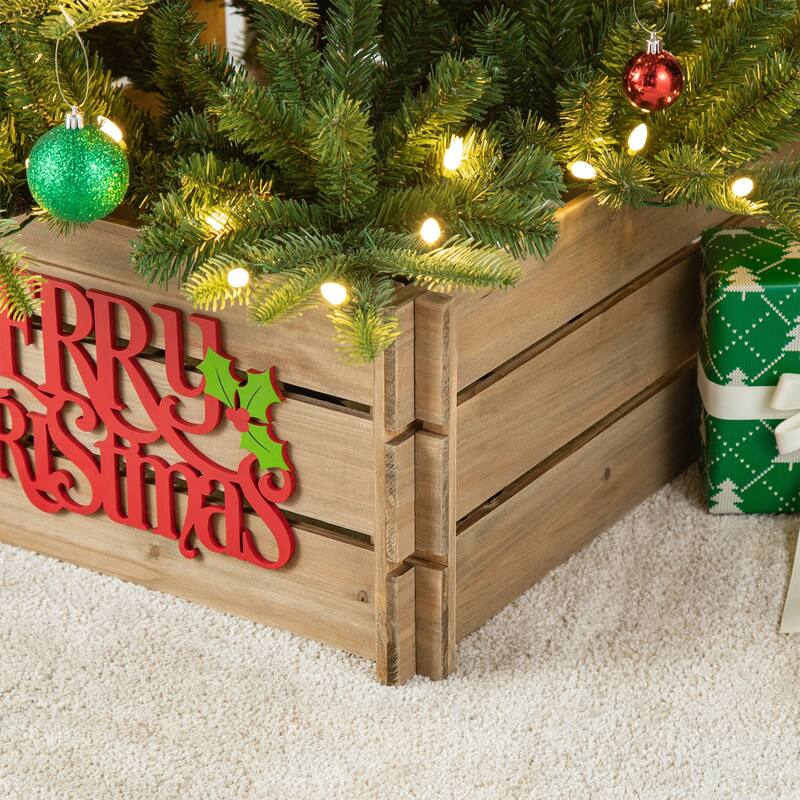 Glitzhome MERRY CHRISTMAS Solid Wood Crate Xmas Tree Collar