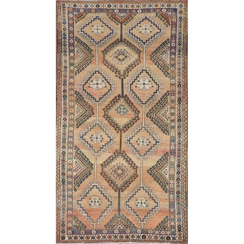 Orange Geometric Bakhtiari Persian Vintage Rug Handmade Wool Carpet - 5'0" x 10'0"