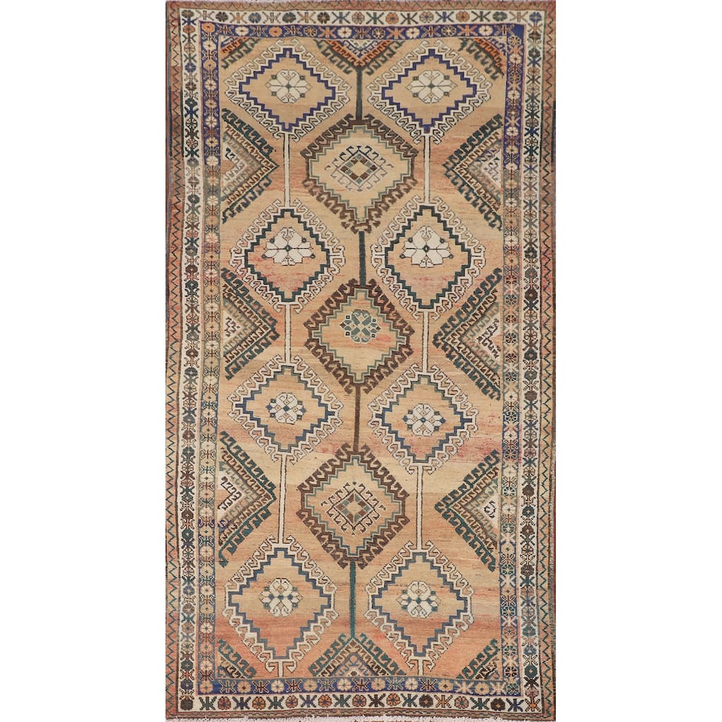 Orange Geometric Bakhtiari Persian Vintage Rug Handmade Wool Carpet - 5'0" x 10'0"