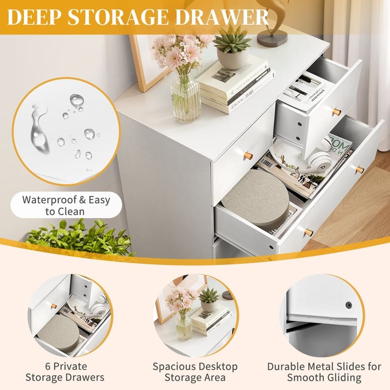 6-Drawer Large Dresser For Bedroom And Chest Of Drawers With Sturdy Construction Wood Storage Organizer For Closet