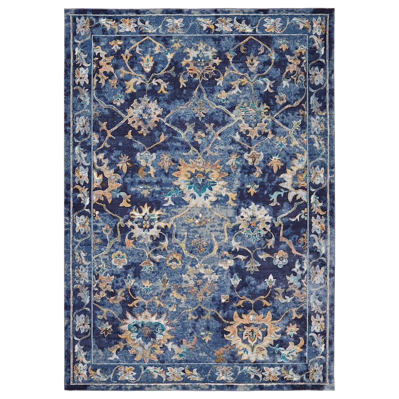 Sevita Lotus Floral Indigo Blue Multicolor Oriental Rug - 2'3" x 8'9"