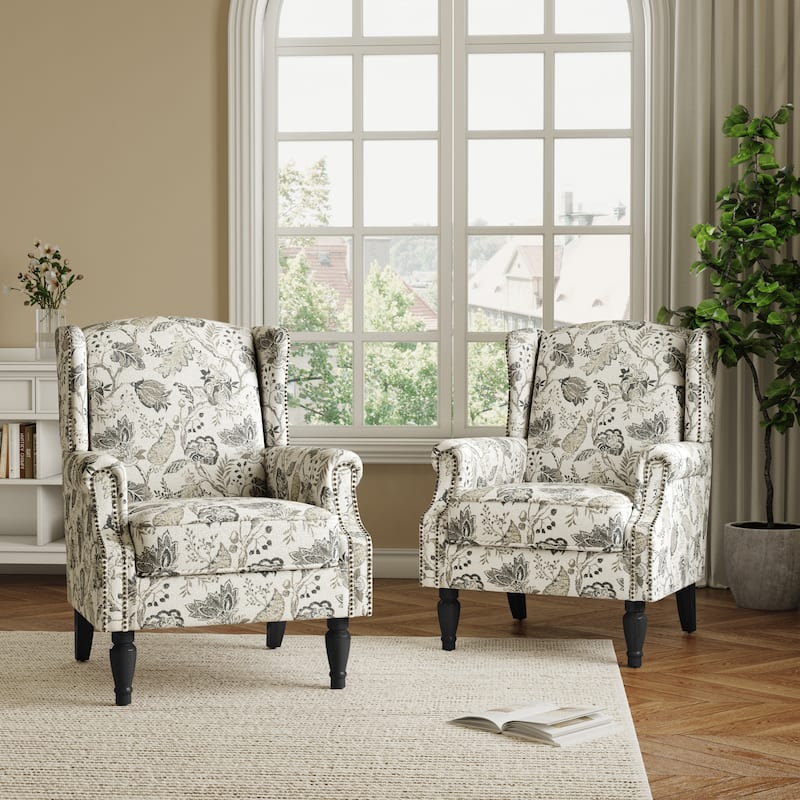 2 Set Transitional Patterned Wingback Accent Chairs with NailHead