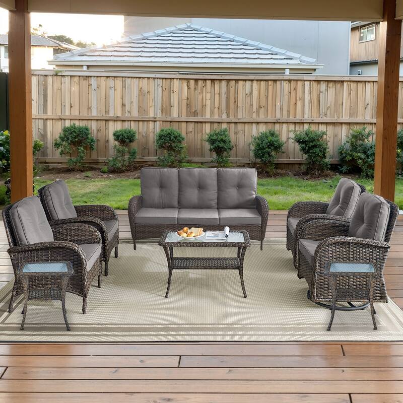 Gymojoy Outdoor Wicker Patio Furniture Sofa & Chair Set - Luxurious Comfort, Weather-Resistant - Sofa Set - included Swivel Chairs & Club Chairs - Brown Wicker / Grey Cusion