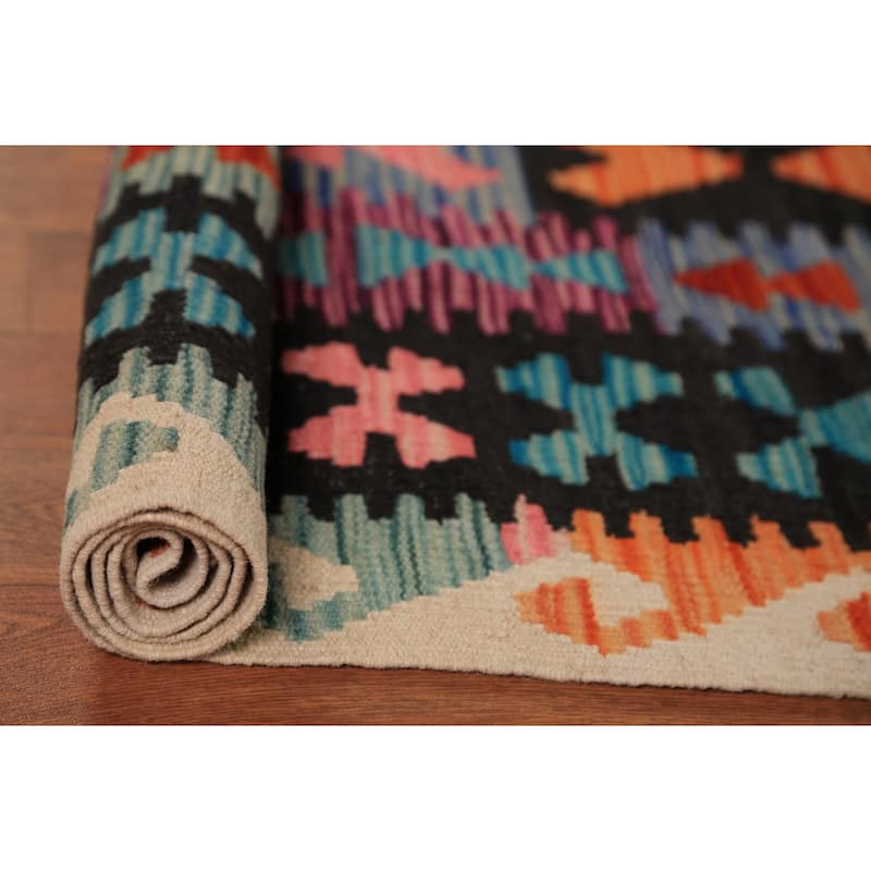 Geometric Kilim Oriental Area Rug Hand-Woven Multi-Color Wool Carpet - 8'1"x 11'1"