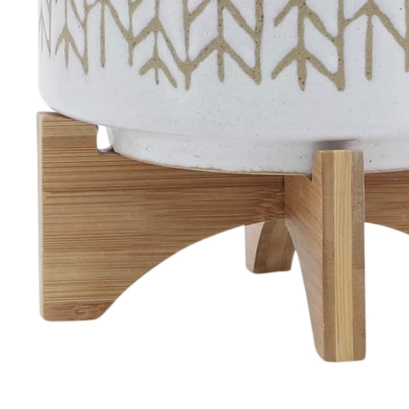 8" Planter with Wood Stand, Beige