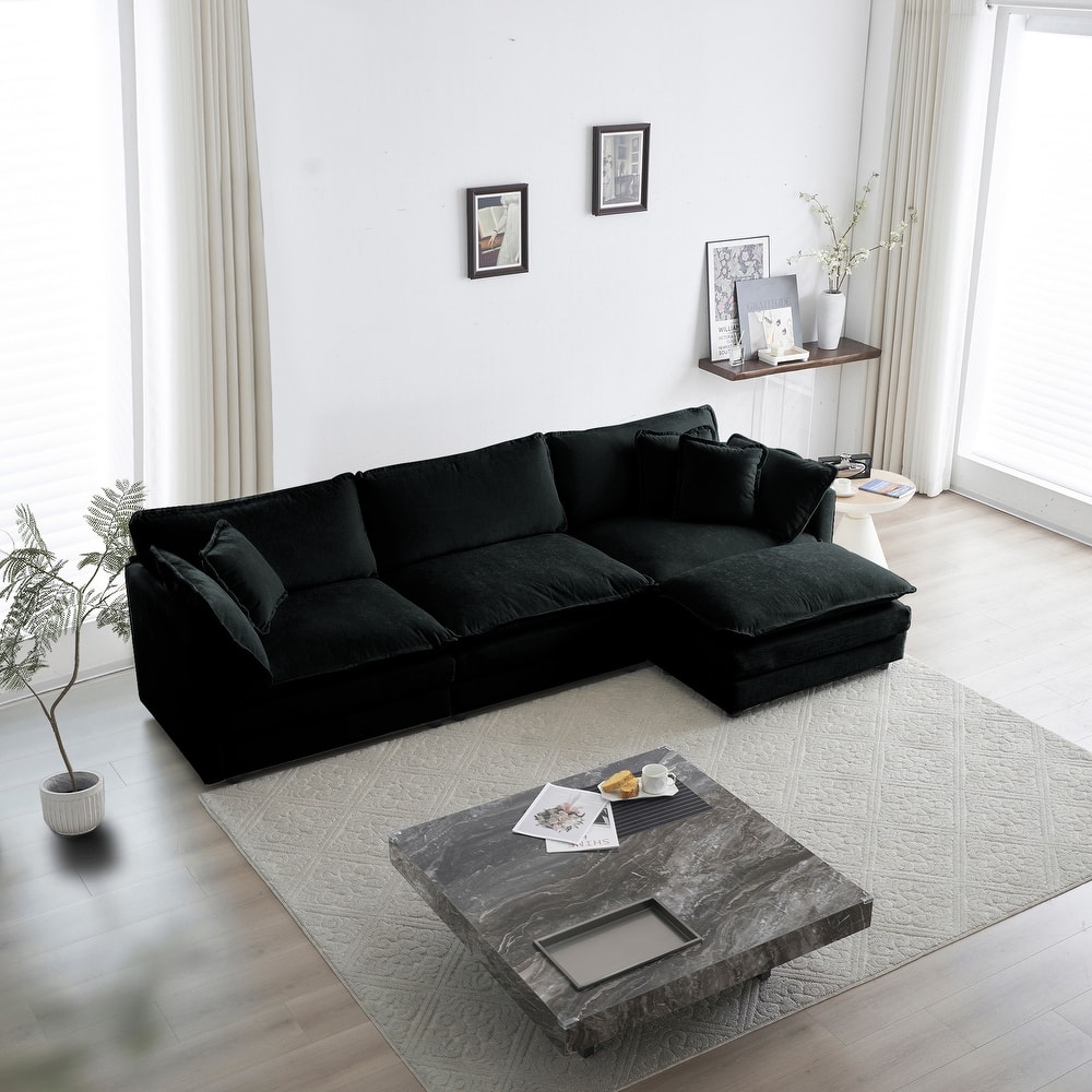 GDFStudio - Jimmy Chenille 111 Inch L-Shaped 3 Seater Sofa and 1 Ottoman with Pillow