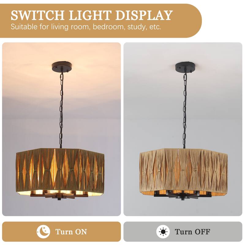 18.89-inch Hawaiian-style 6-light metal chandelier with imitation raffia lampshades and adjustable height