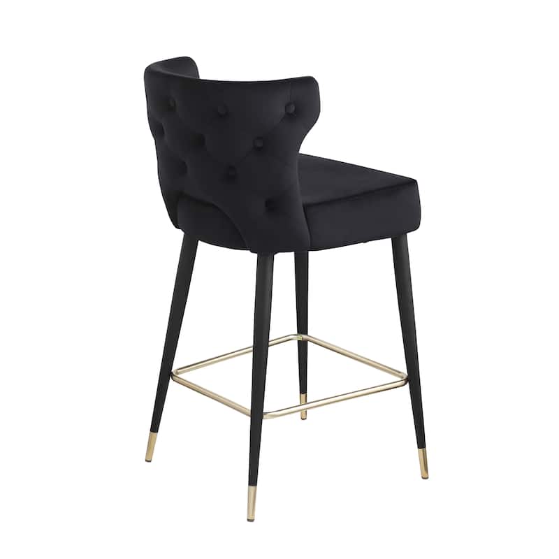 Contemporary Velvet Upholstered Counter Height Stool with Gold Tipped, Black Metal Legs, 22" W x 19" D x 38.5" H