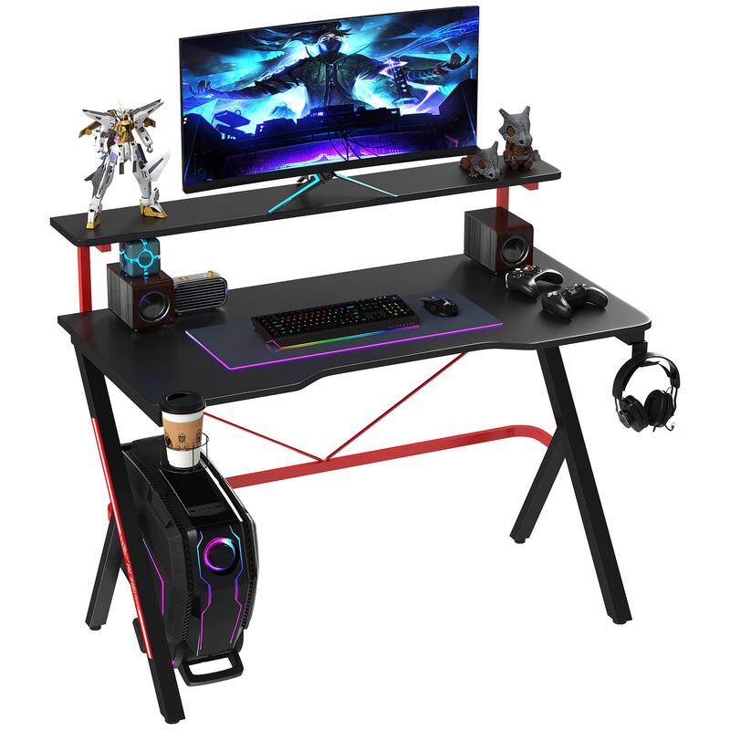 Sleek Gaming Desk with Double Layer Surface and Cup Holder and Cable Management for Ultimate Gaming Setup and Comfort