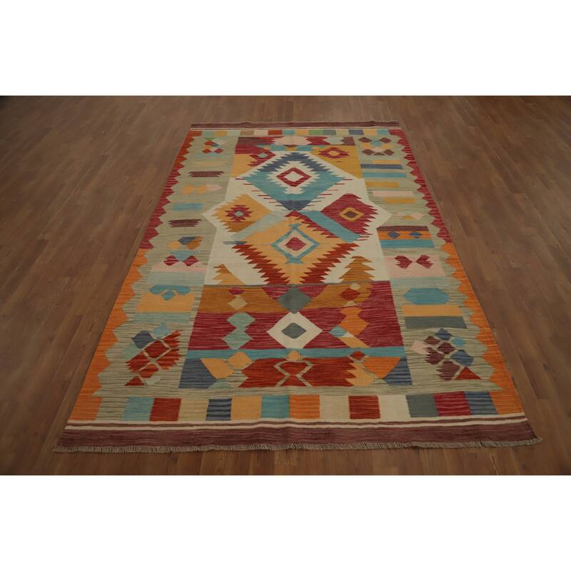 Hand Woven Oriental 100% Wool Carpet Southwestern Tribal Multi-Colored Kilim Area Rug - 8' 8'' X 5' 6''