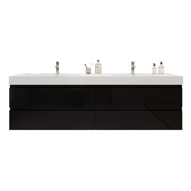 Baillie 84'' Wall-Mounted Vanity with Double Reinforced Acrylic Sink - 84''Width - Gloss Black