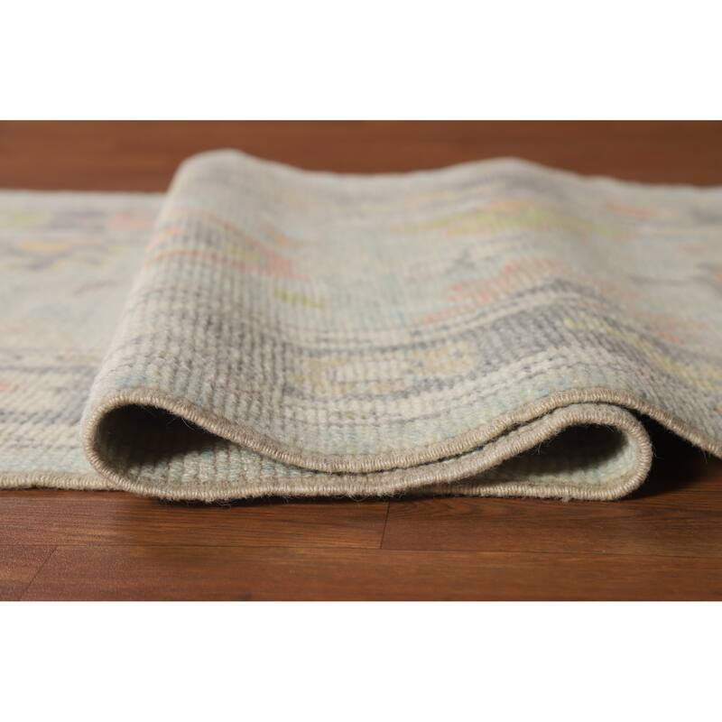 Hand Knotted Oriental 100% Wool Carpet Transitional Floral Navy Blue & Blues Oushak Runner Rug - 10' 9'' X 2' 11''