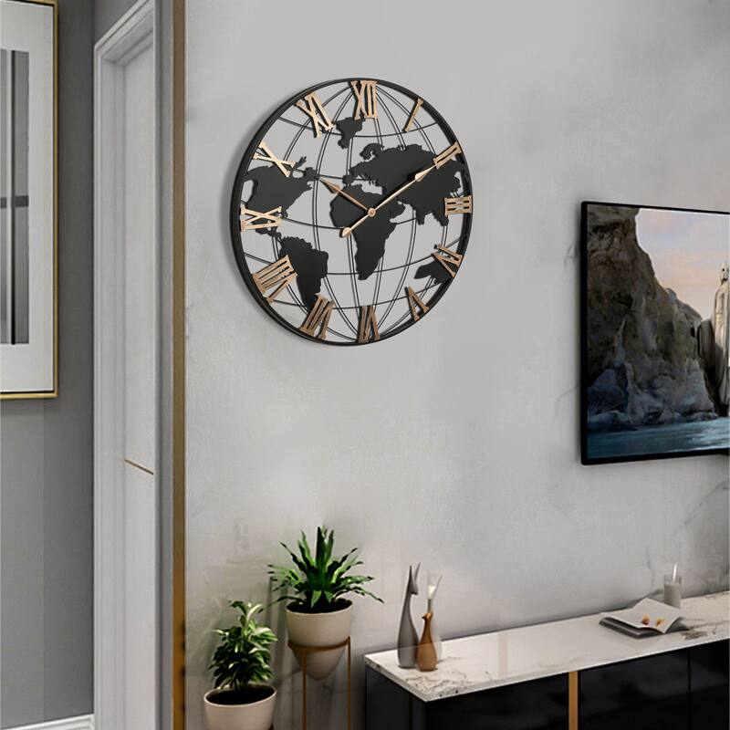 36 in Large Black Metal Gold Roman Numeral Silent World Map Wall Clock - 35.5 in