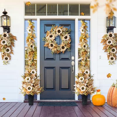 Glitzhome Fall Sunflower Pumpkin Floral Aritificial Garland or Swag Wreath with Free Hanger