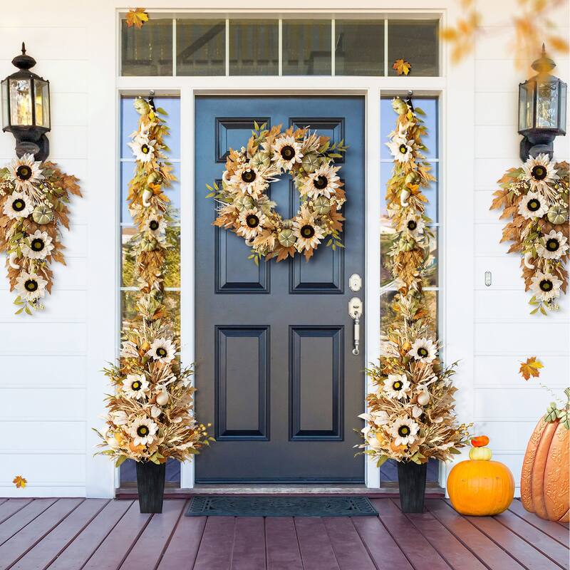 Glitzhome Fall Sunflower Pumpkin Floral Aritificial Garland or Swag Wreath with Free Hanger