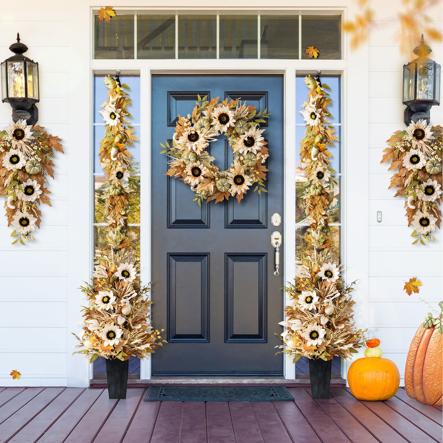 Glitzhome Fall Thanksgiving Sunflower Pumpkin Floral Aritificial Garland Swag Wreath with Free Hanger