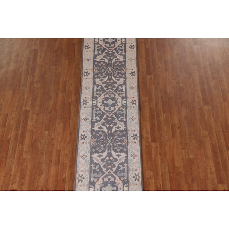 Gray Blue Oushak Indian Runner Rug Hand-Knotted Wool Carpet - 2'5"x 10'0"