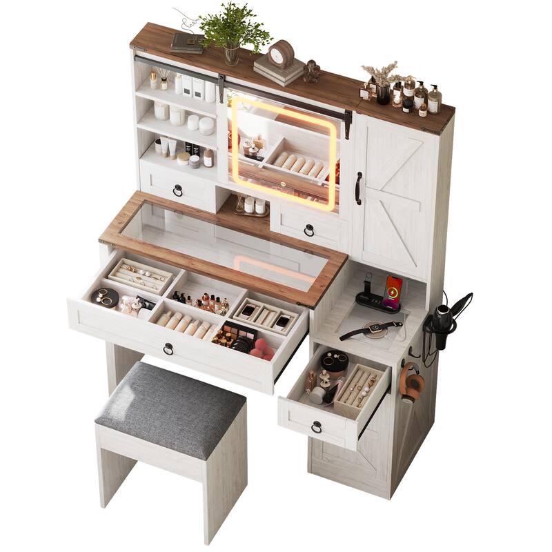 Roomfitters Farmhouse Vanity Desk with Sliding Mirror & Lights, Glass Top, Charging Station, 4 Drawers, 2 Cabinets, Stool