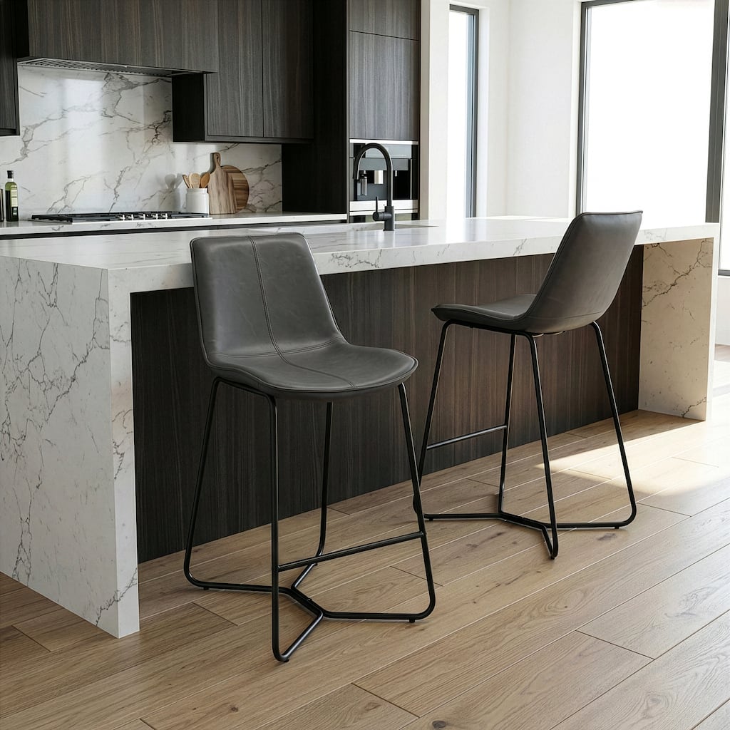 Set of 2 Amery Iron Frame Vintage Grey Faux Leather Counter Stool