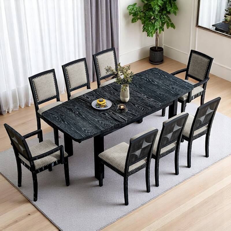 84" Extendable 9-Piece Dining Table Set with 24" Removable Leaf, 6 Upholstered Armless Chairs and 2 Arm Chairs for Dining Room - Black