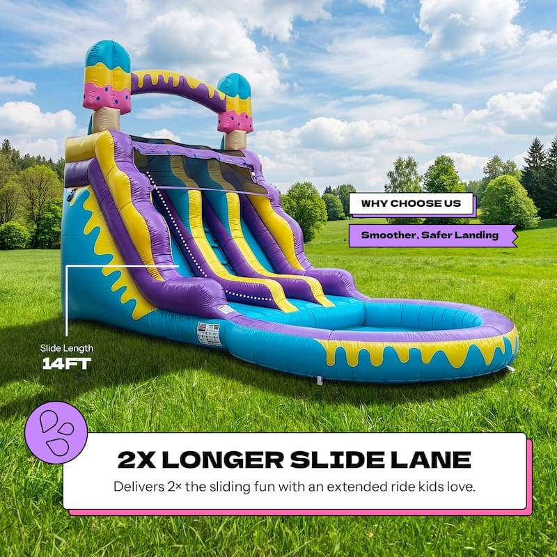 POP JUMP Ice Pop 24' Dual Lane Center Climb Waterslide with Attached Pool - Blue - 16' x 12' x 24'