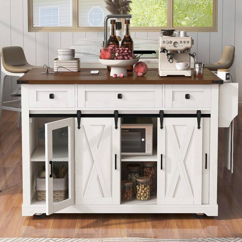 58-inch Farmhouse Kitchen Island with Storage, Sliding Barn Door & Metal Grid Side Door
