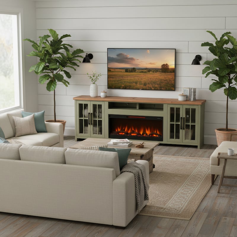 Bridgevine Home Modern Farmhouse 97 inch Fireplace TV Console for TVs up to 100 inches, Two-Tone Finish