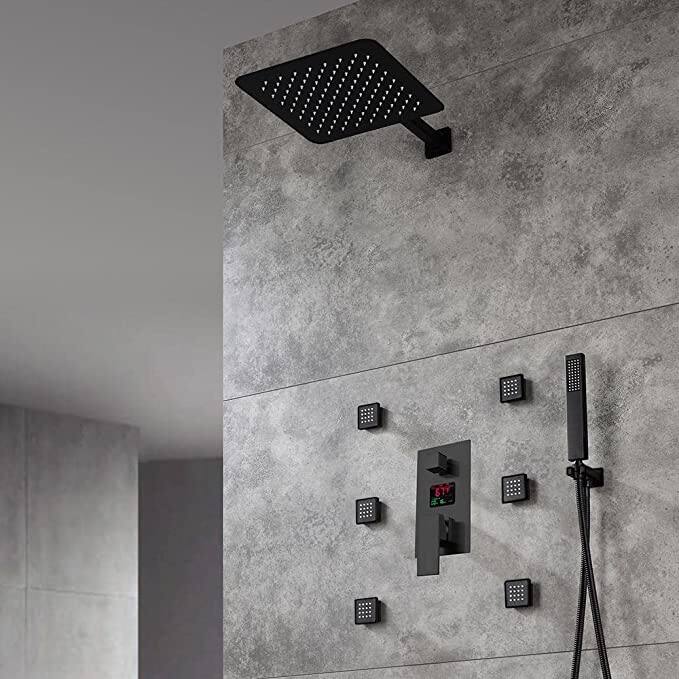 matte black wall mounted 16 inch rain head 3 way digital display anti scald shower system - 7'6" x 10'9"