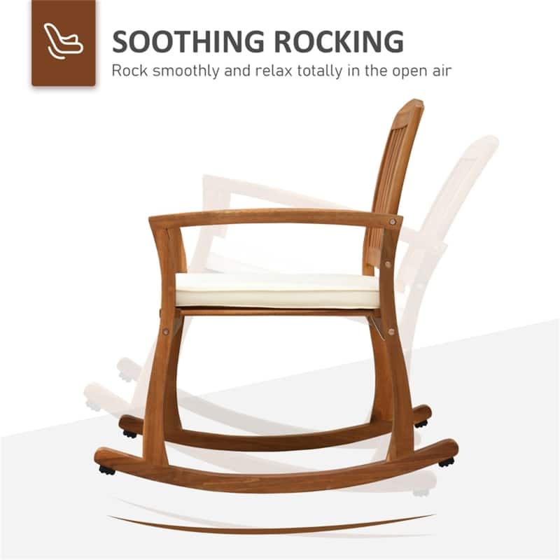 Teak Acacia Wood Rocking Chair with Cream Cushion for Porch and Patio - 23.5"W x 33.25"D x 23.5"H
