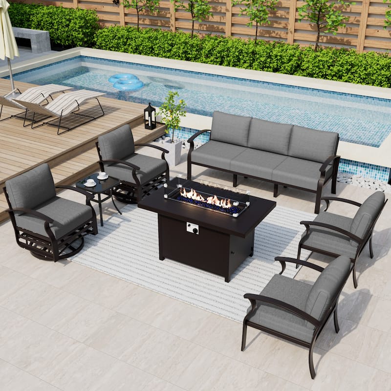 Kullavik Aluminum Outdoor Patio Furniture with Curved Armrests & Firepit Table - 7 seats w/FirePit - Grey