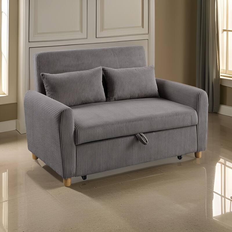 Tina 54 Inch Convertible Sleeper Loveseat, Round Arms, 2 Pillows, Brown