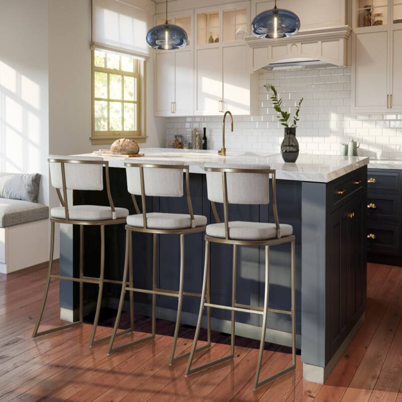 Beige Upholstered Steel Counter Bar Stool with Low Back and Footrest