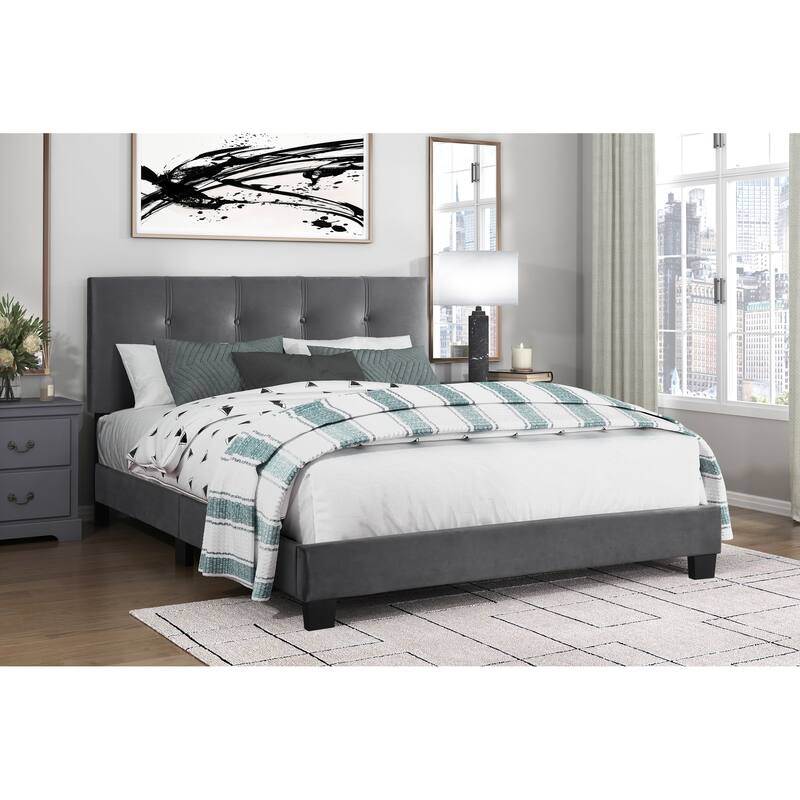 Velvet Queen Platform Bed with Adjustable Tufted Headboard - Grey - Queen