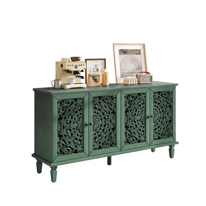 Buffet Cabinet with Floral Carvings with Solid Wood Legs&Antique Brass Handles&Adjustable Shelves,