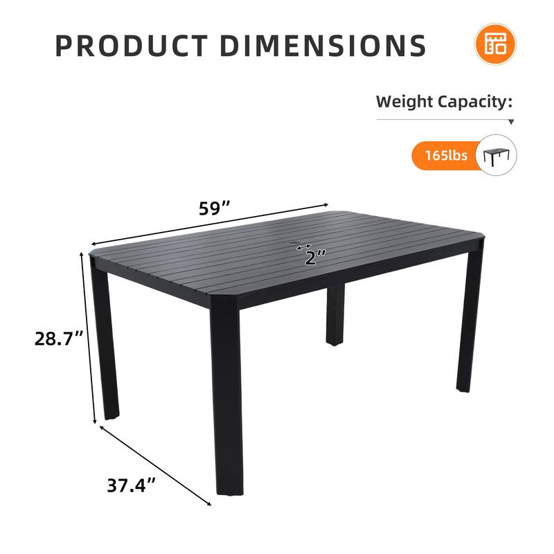 Modern Outdoor Aluminum table with Alternating Wide and Narrow Slats, Angled Corners, 2" Big Umbrella Hole