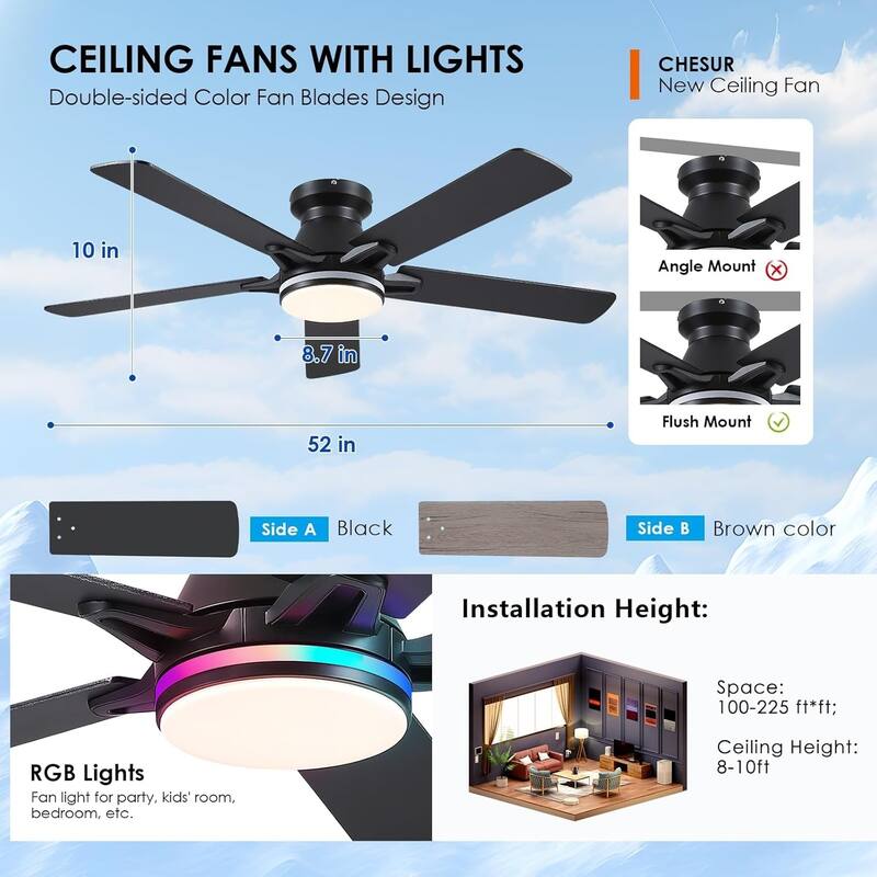52 Inch RGB Ceiling Fan with LED Light,RGB Circle Light Around - 52 Inches