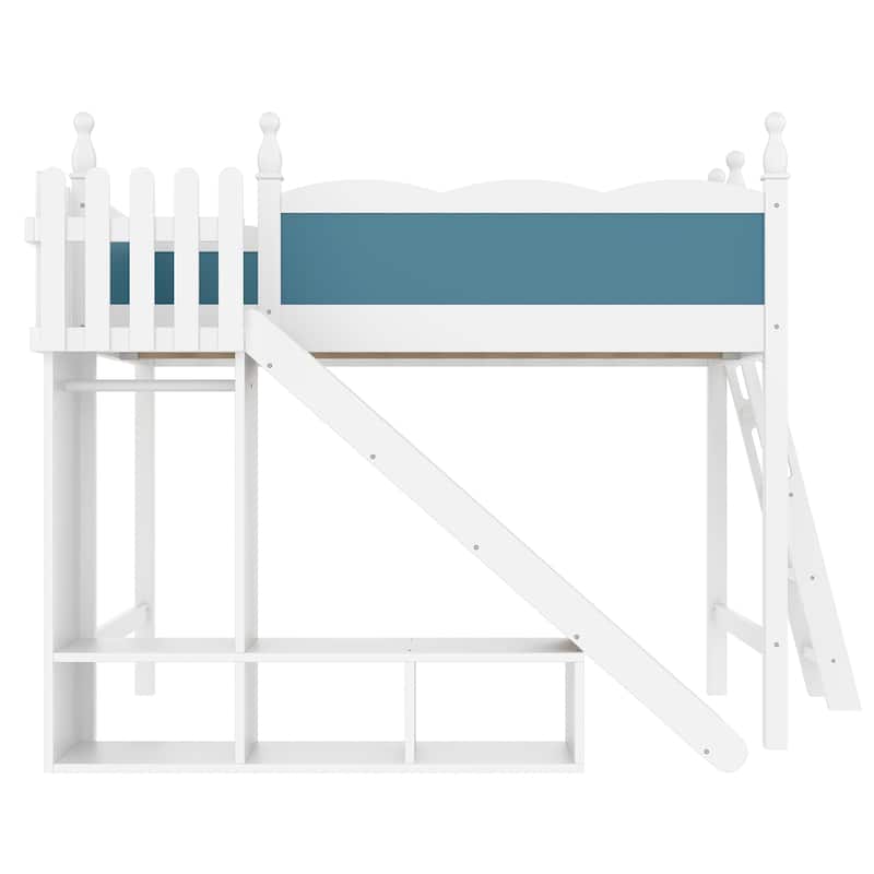 Full Loft Bed with Storage Shelves and Wardrobe, Solid Wood Loft Beds with Detachable Slide and Ladders, No Spring Box Needed