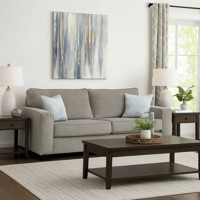 Alti 85 Inch Sofa with 2 Floral Print Throw Pillows, Light Gray Chenille