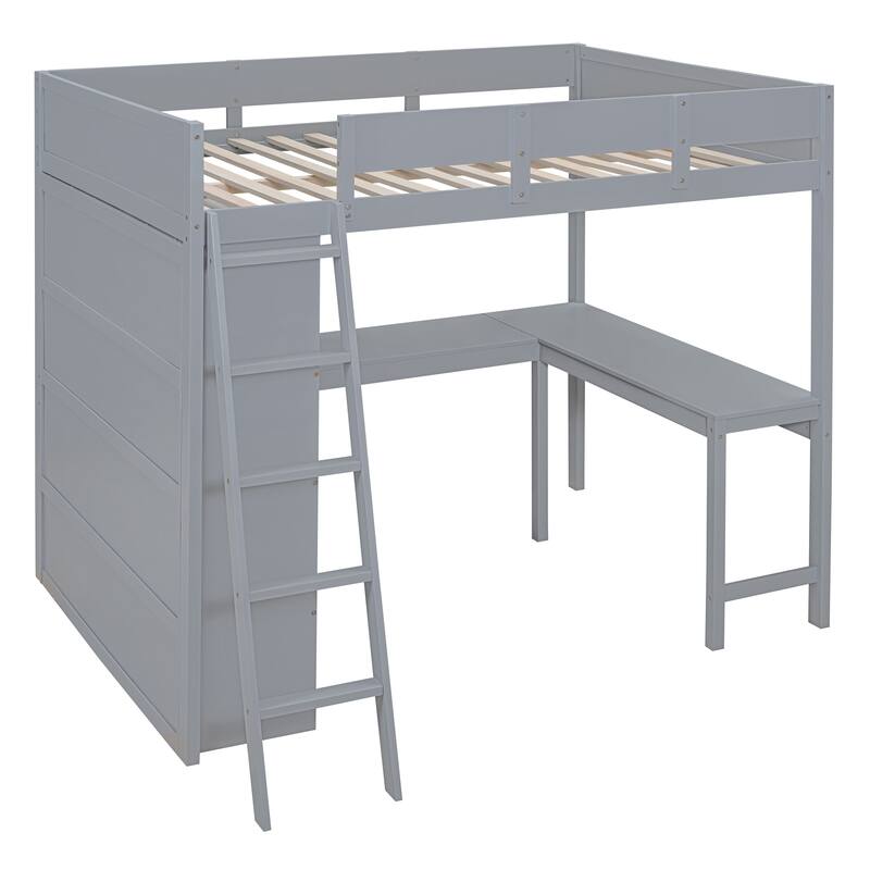 Full Size Loft Bed with Desk and Shelf in Gray and White