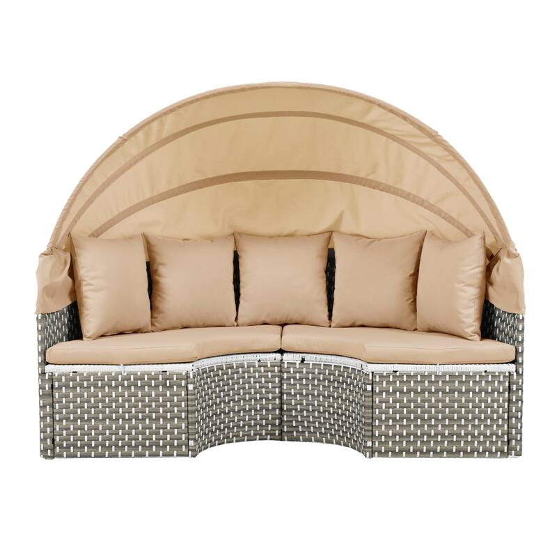 5-Piece Sectional Sofa Set, Round Rattan Outdoor Daybed with Retractable Canopy and Adjustable Table,with Cushions & Pillows