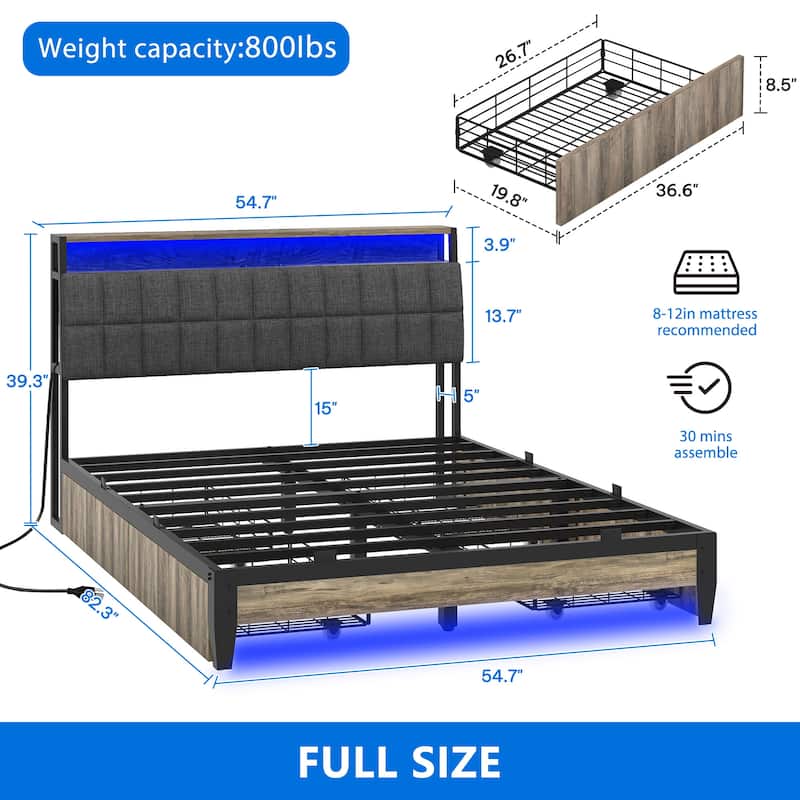 Upholstered Platform Bed with Charging Station and Storage Headboard - Grey-With LED - Full