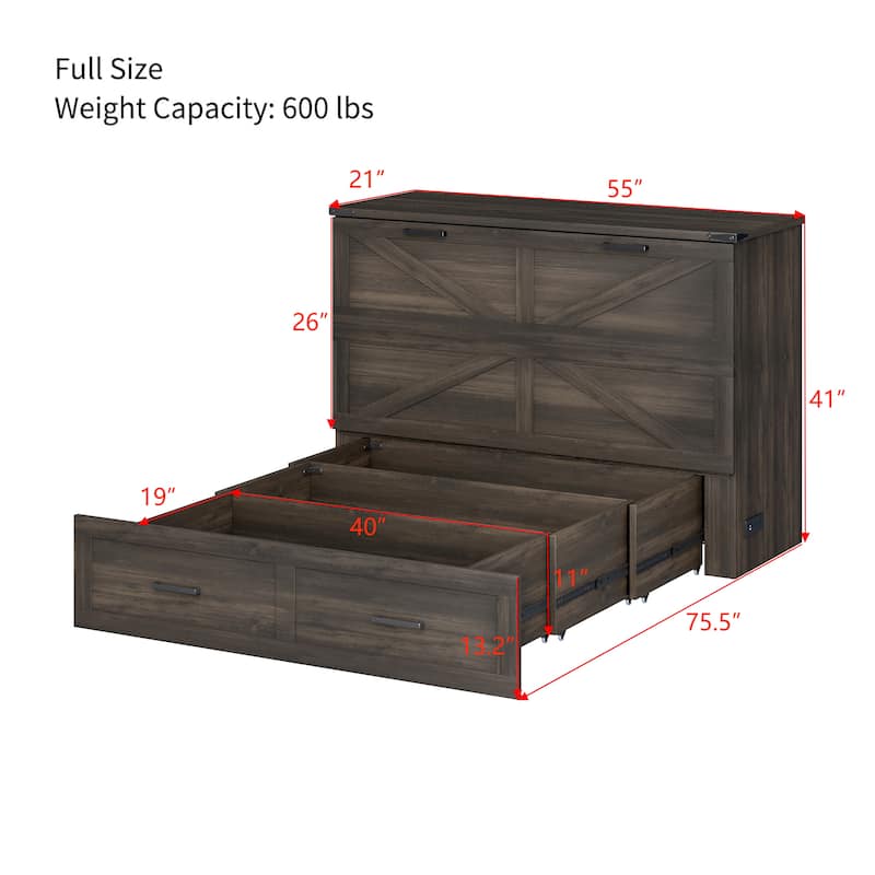 Space-Saving Foldable Full Size Murphy Bed with Charging Station & Storage Drawers, Rustic Gray