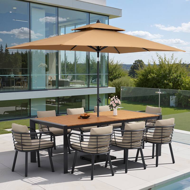 9/11-Piece Outdoor Dining Set w/10 ft Umbrella and Base Aluminum Dining Table and Chairs with Sunbrella Cushions