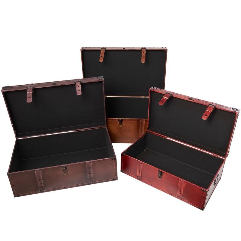 Brown Wood Nesting Upholstered Decorative Trunk with Vintage Accents and Studs (Set of 3)