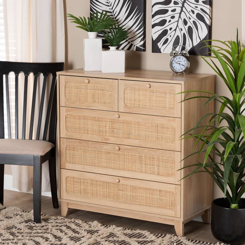 Elsbeth Mid-Century Modern Oak Brown Finished Wood and Natural Rattan 5-Drawer Storage Cabinet