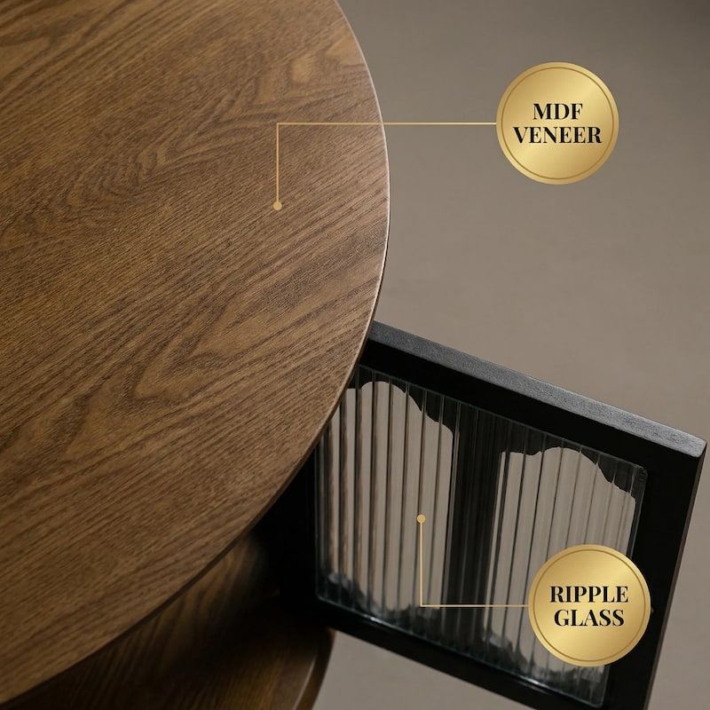 GDFStudio Theryn Real Wood Veneer Round Coffee Table with Three-Door Storage