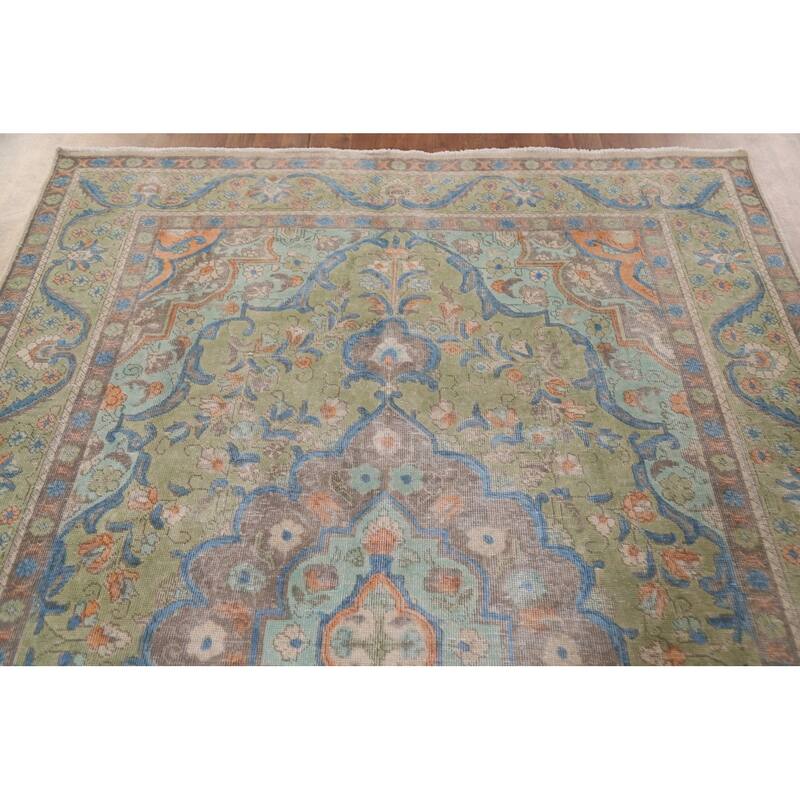 Hand Knotted Oriental 100% Wool Carpet Traditional Medallion Green Tabriz Area Rug - 9' 5'' X 6' 7''