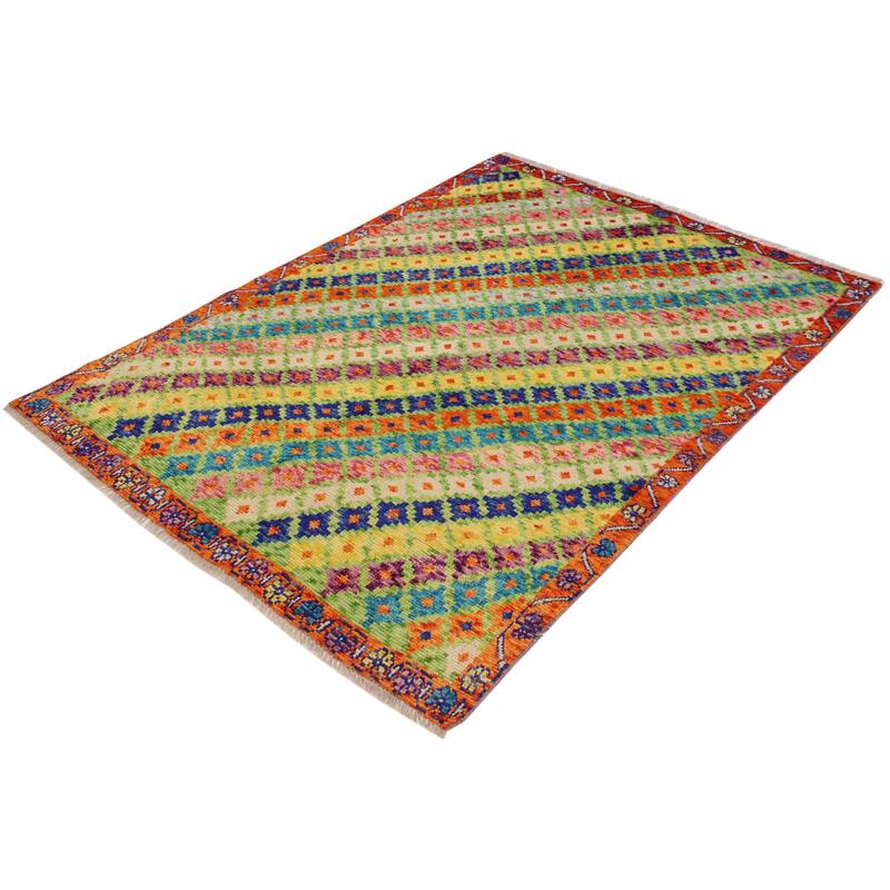 Eclectic Balochi Vargas Green/Orange Hand Knotted Wool Rug - 4'9'' x 6'6''